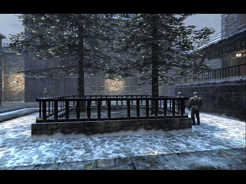 Return to Castle Wolfenstein (Macintosh) screenshot: Mission 2 Dark Secret part 1 - Opening cutscene of German controlled courtyard