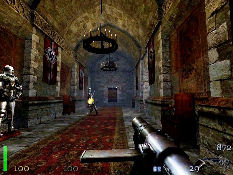 Return to Castle Wolfenstein (Macintosh) screenshot: Another guard firing as I continue to the level exit
