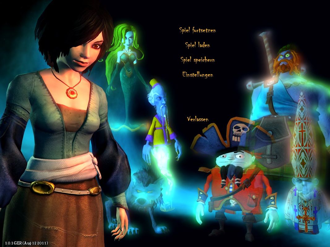 Haunted (Windows) screenshot: Main menu later in the game, with Mary and her fellowship of ghosts.