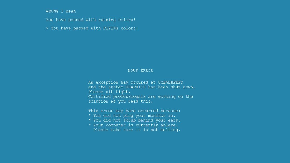 Nous (Windows) screenshot: Nous crashed, but don't worry, it continues as a automated text adventure.