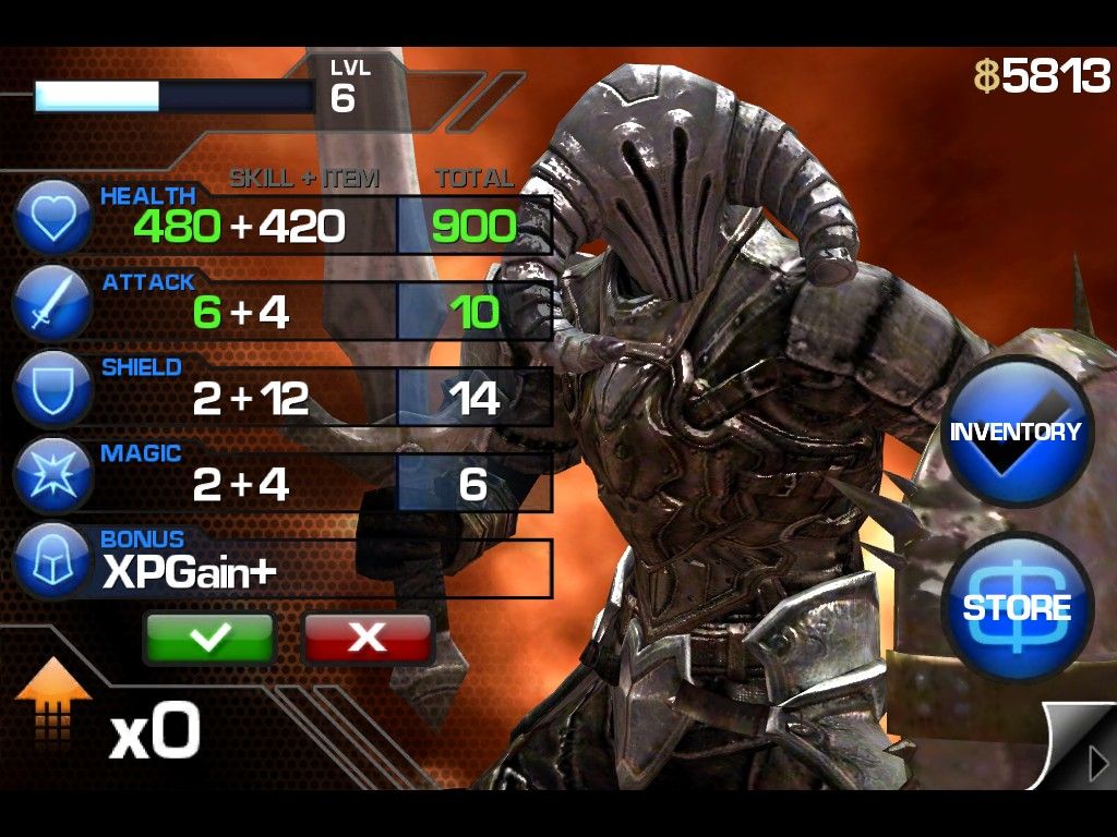 Infinity Blade (iPad) screenshot: Any purchases and items currently being used are shown in your profile - new helmet