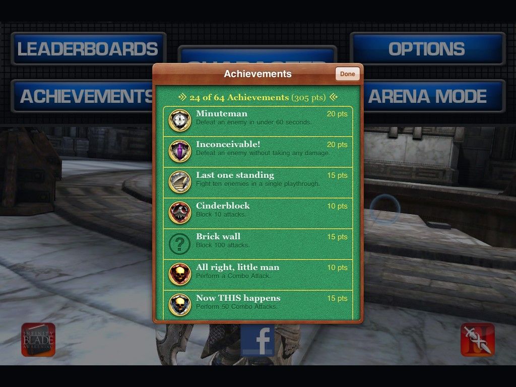 Infinity Blade (iPad) screenshot: Review leaderboards and achievements