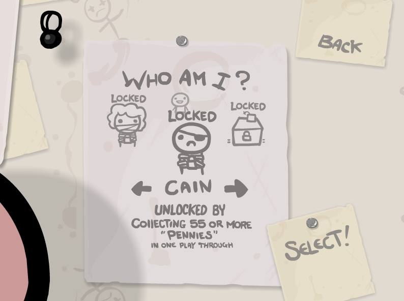 The Binding of Isaac (Windows) screenshot: Character selection - Cain is still locked at this point.