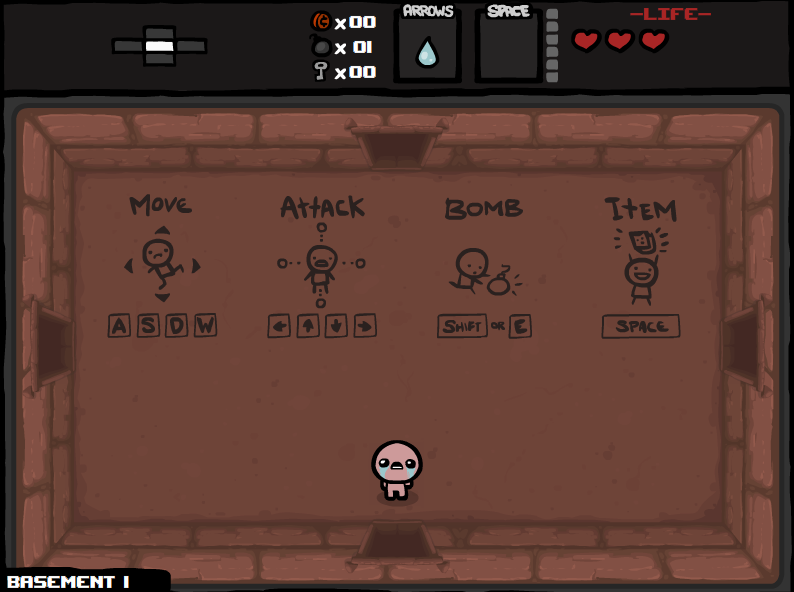 The Binding of Isaac (Windows) screenshot: The starting area from the first dungeon always reviews the controls.
