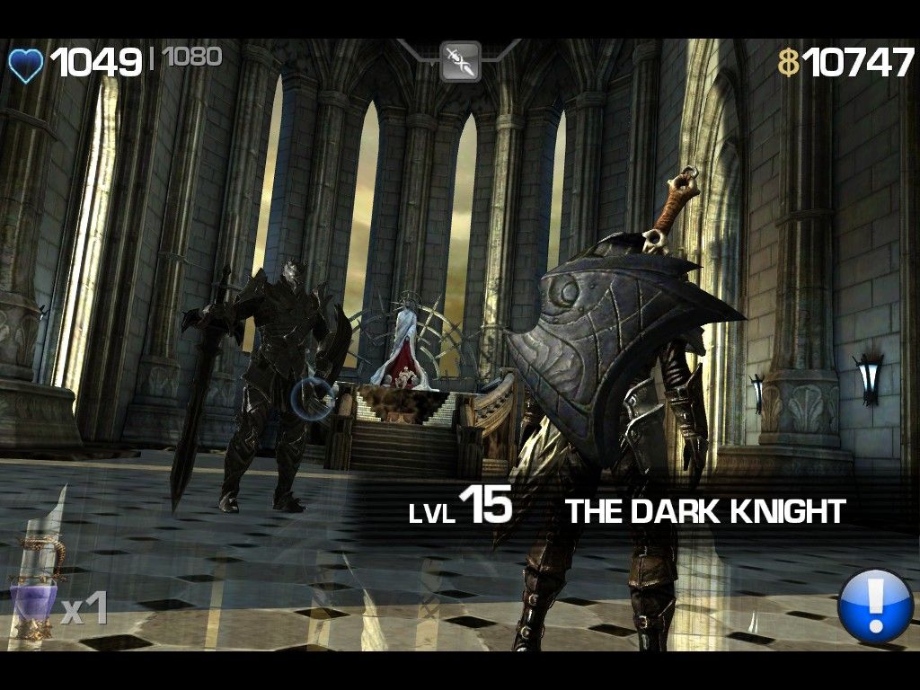 Infinity Blade (iPad) screenshot: To attack The God King I must fight the Level 15 Dark Knight