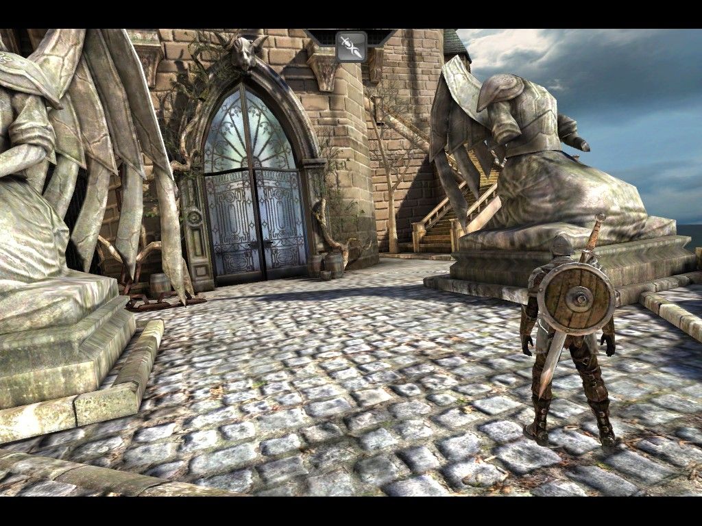Infinity Blade (iPad) screenshot: Branch paths through the castle determines opponents - big door or take the stairs