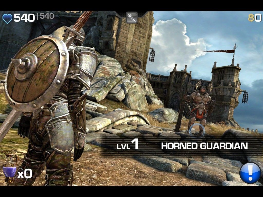 Infinity Blade (iPad) screenshot: Before battle you can get info on your enemy - Horned Guardian