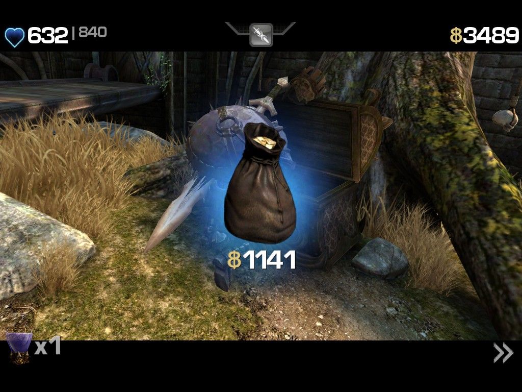 Infinity Blade (iPad) screenshot: You will find treasure chests in the castle that contain items such as gold, weapons, potions etc