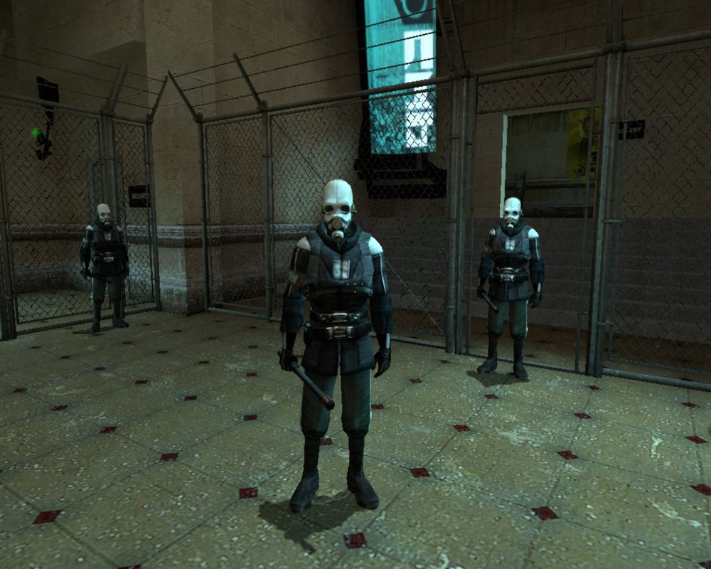 Half-Life 2 (Macintosh) screenshot: City 17 security checkpoint Metro Cops while Dr. Breen rambles his narrative