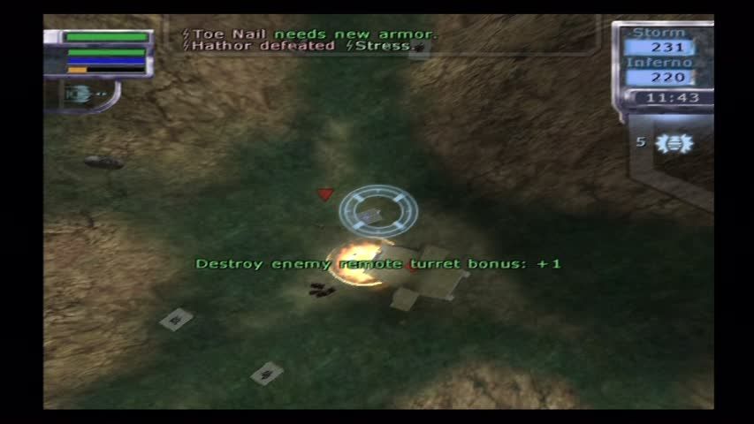 Tribes: Aerial Assault (PlayStation 2) screenshot: Dropping ordnance on enemies and turret defenses will make it easier to capture from the ground.
