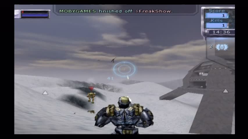 Tribes: Aerial Assault (PlayStation 2) screenshot: Deathmatch on an icy map.