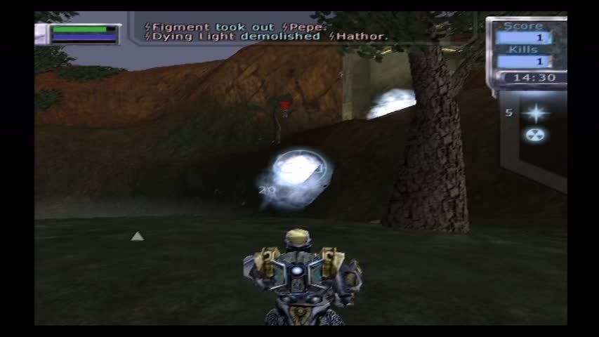 Tribes: Aerial Assault (PlayStation 2) screenshot: Deathmatch in a jungle valley.