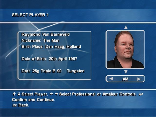 PDC World Championship Darts (Windows) screenshot: The player selection screen. In career mode the player can create their own avatar but for the quick match they play as one of the supplied professionals.