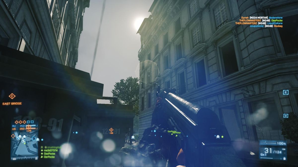 Battlefield 3 (Windows) screenshot: Seine Crossing - Getting hammered from above... notice the smoke trail