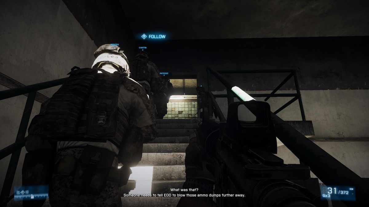 Battlefield 3 (Windows) screenshot: Single player - stick with the guy with FOLLOW over his head