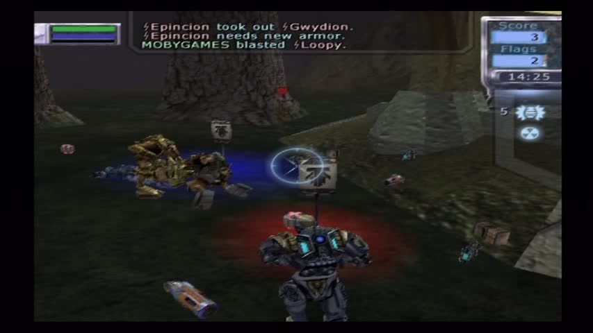 Tribes: Aerial Assault (PlayStation 2) screenshot: In Hunters mode, players drop flags on death. Return any you've collected to the Nexus to bank those points.