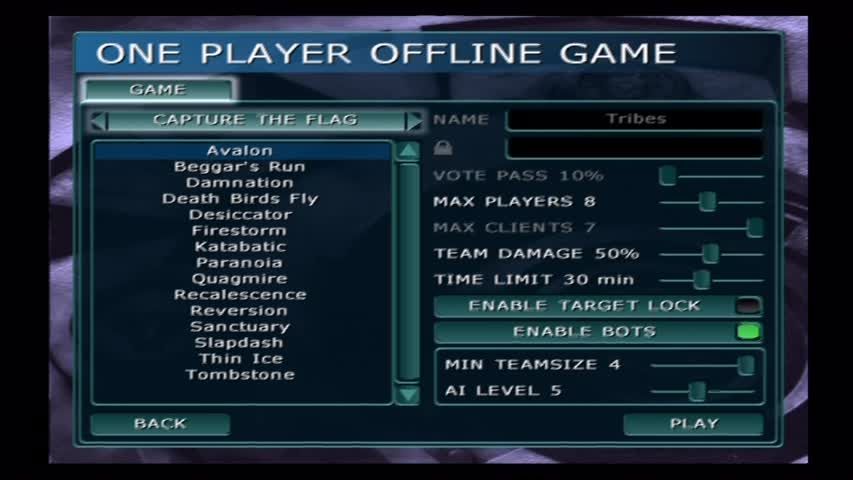Tribes: Aerial Assault (PlayStation 2) screenshot: Match creation menu