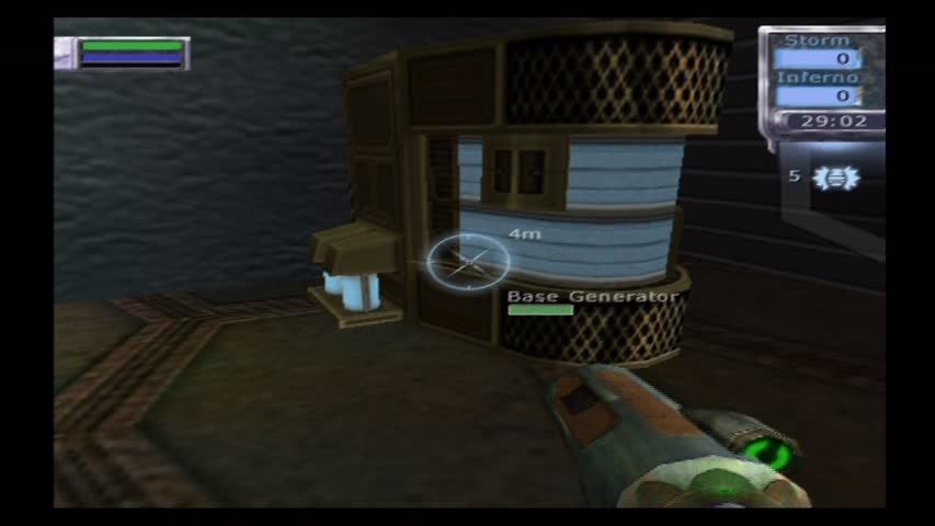 Tribes: Aerial Assault (PlayStation 2) screenshot: Base equipment can be destroyed and must be guarded.
