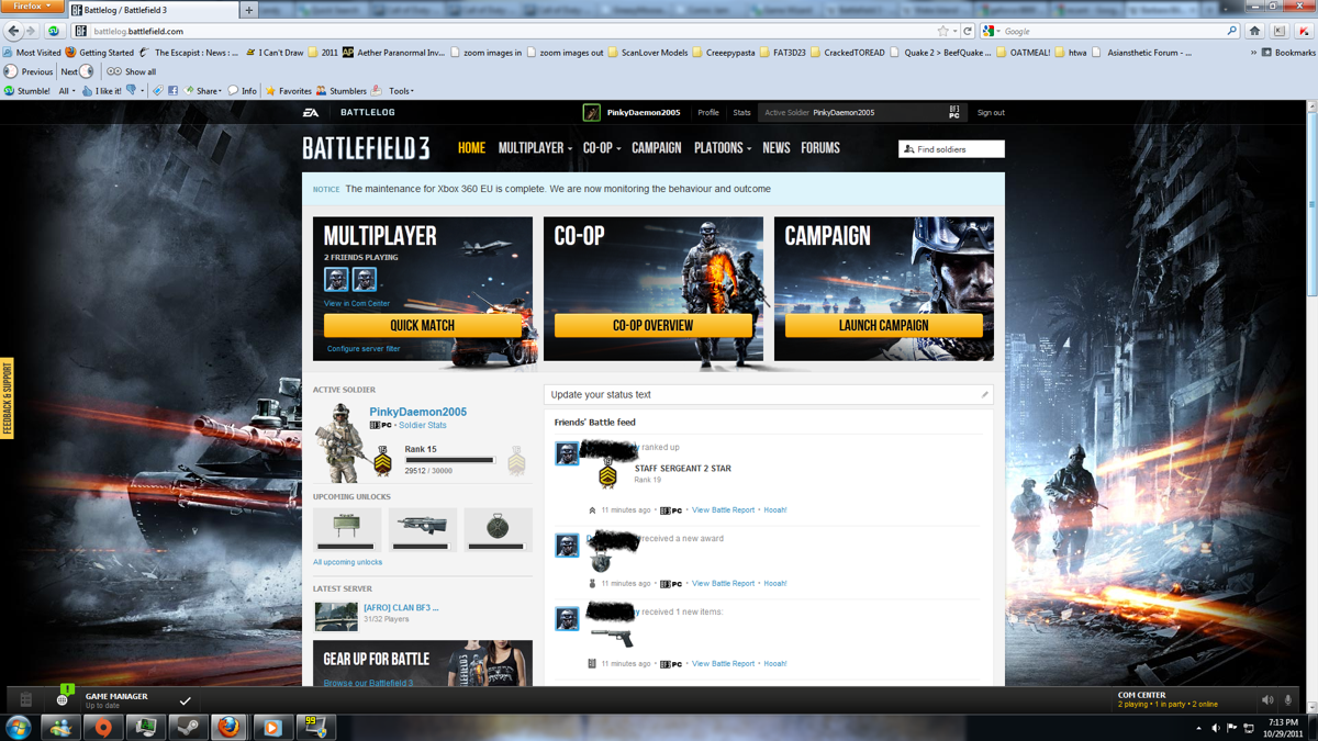 Battlefield 3 (Windows) screenshot: The Battlelog interface