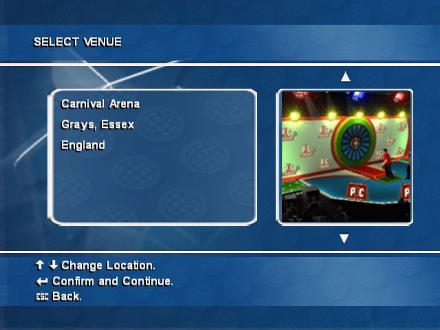 PDC World Championship Darts (Windows) screenshot: There are three venues available in the Quick Game, this one in the UK, a casino on the Las Vegas strip, and a club in Rotterdam