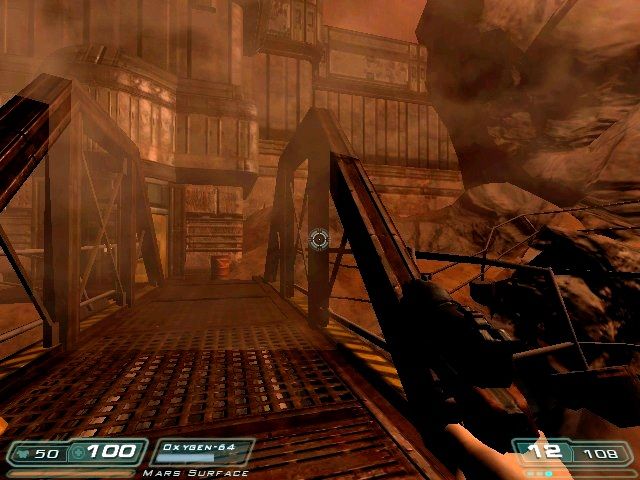 Doom³ (Macintosh) screenshot: Martian surface between airlocks