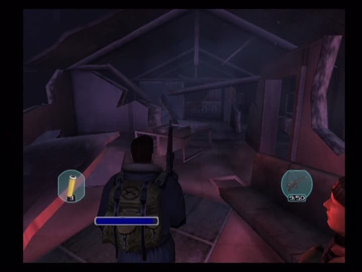 The Thing (PlayStation 2) screenshot: Exploring the destroyed US camp from the film.