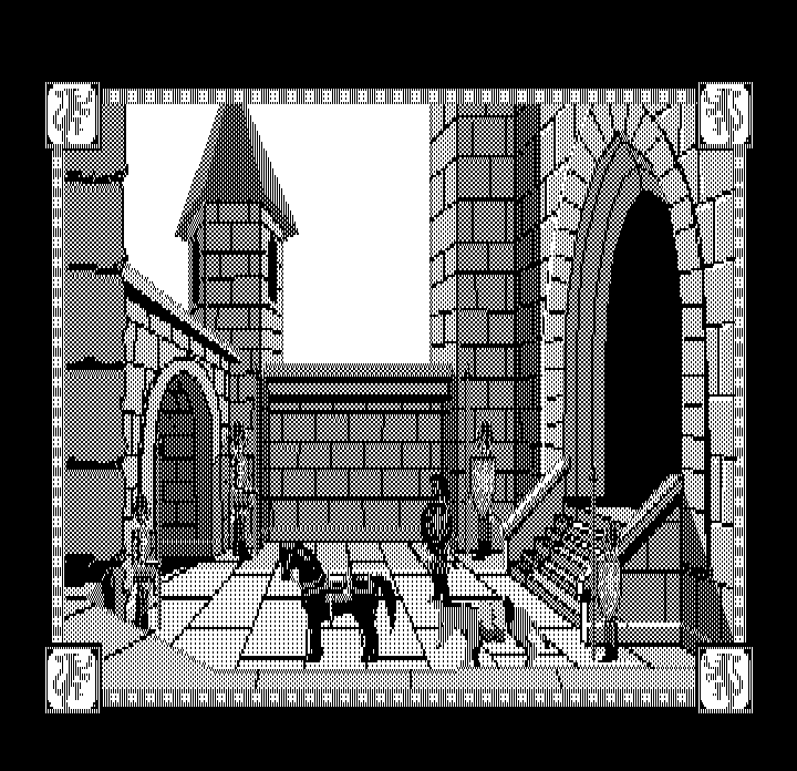 Conquests of Camelot: The Search for the Grail (DOS) screenshot: The courtyard of Camelot (Hercules Monochrome)
