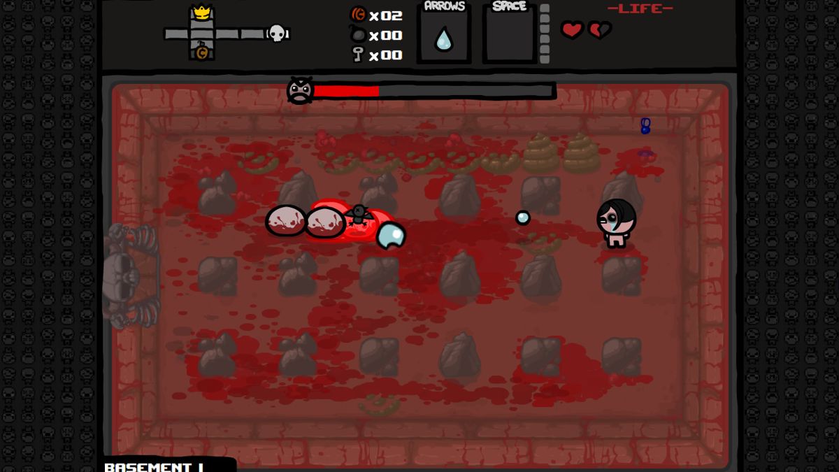 The Binding of Isaac (Windows) screenshot: Playing as Eve, a new unlockable character introduced in the free October update. As soon as she is hit, a dead bird appears to assist.