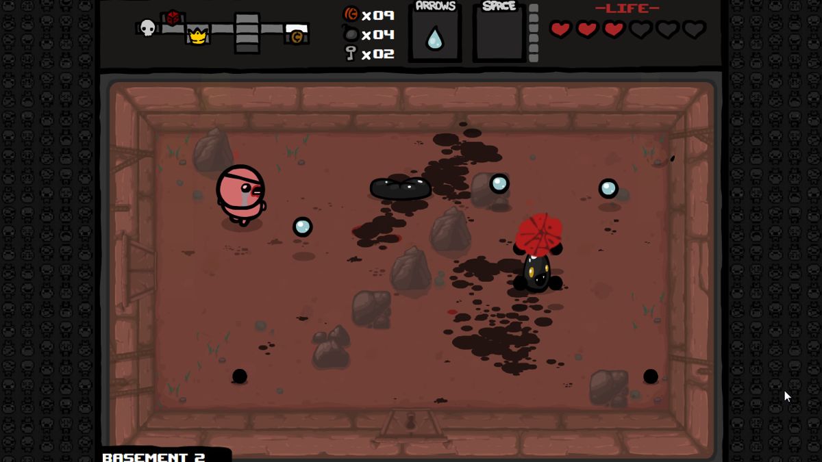 The Binding of Isaac (Windows) screenshot: Cain, one of the unlockable characters, with a full upgrade and a bit bloated