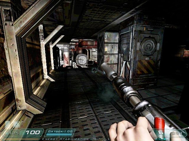 Doom³ (Macintosh) screenshot: Reloading the shotgun as fast as possible
