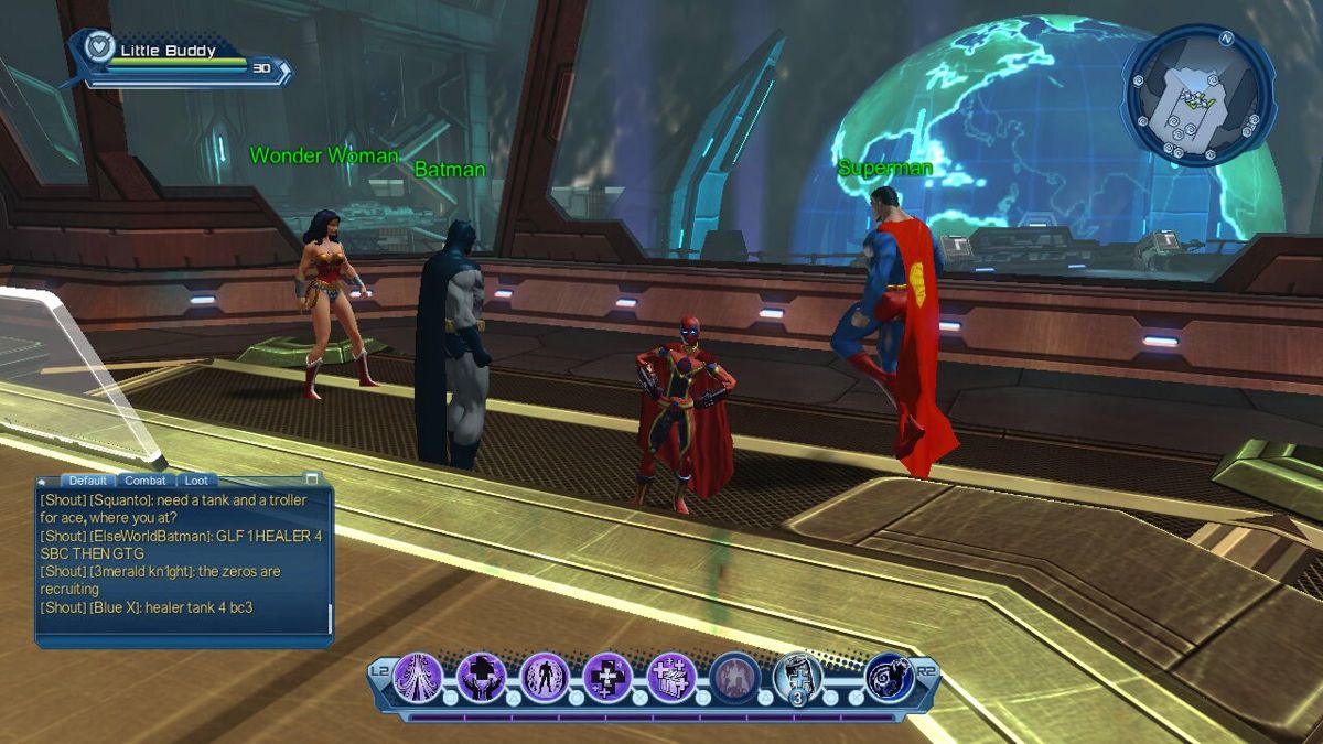 DC Universe Online (PlayStation 3) screenshot: High level characters get to hang out with the three Justice League mentors in the Watchtower.