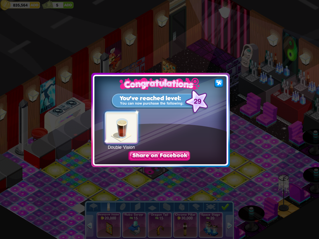 Nightclub Story (iPad) screenshot: Hurray! I've always wanted to become level 29 and get double vision