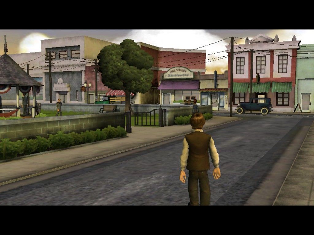 Back to the Future: The Game - Episode 1: It's About Time (iPad) screenshot: Marty looking at the Hill Valley Courthouse Square 1931