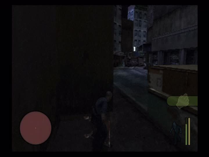 Manhunt (PlayStation 2) screenshot: The minimap shows a red circle when you make noise the hunters can hear.