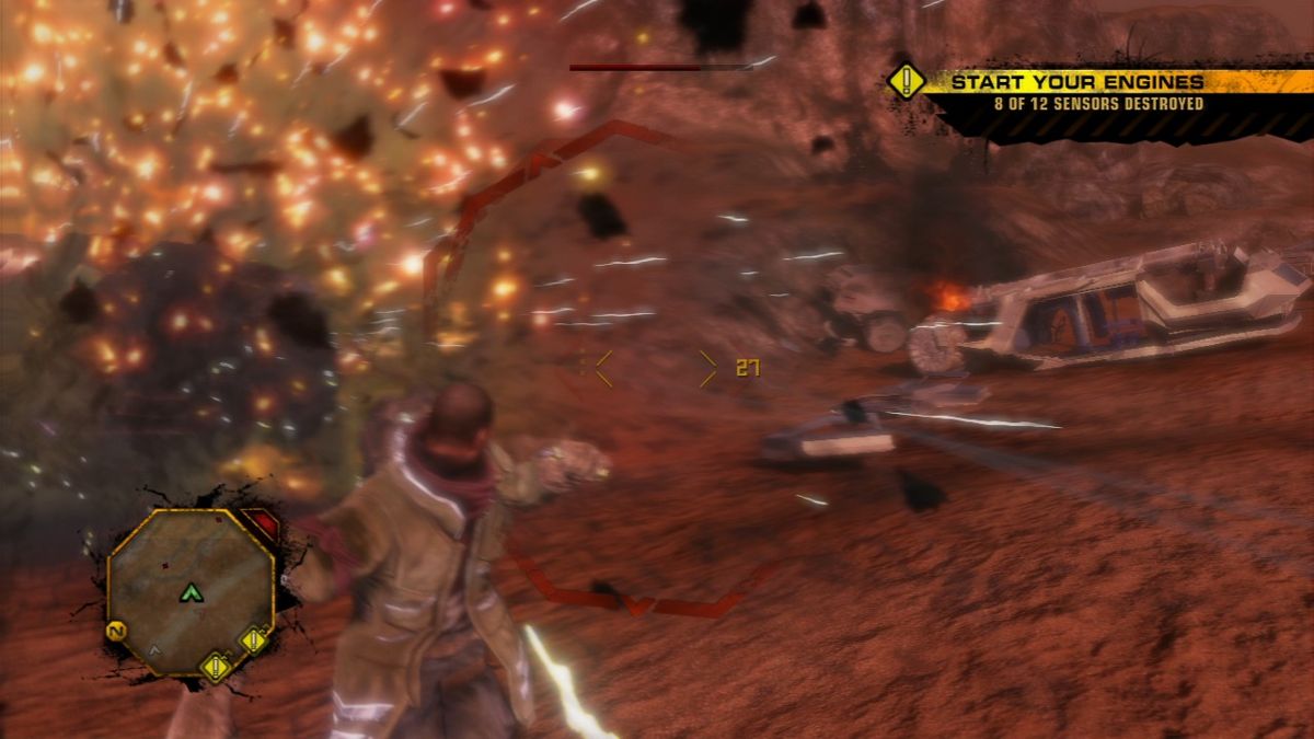 Red Faction: Guerrilla (PlayStation 3) screenshot: Using remote charges to destroy enemy armored vehicles.