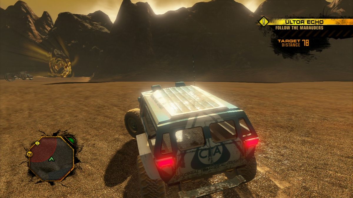 Red Faction: Guerrilla (PlayStation 3) screenshot: Tailing marauder vehicle to their hideout in Badlands.
