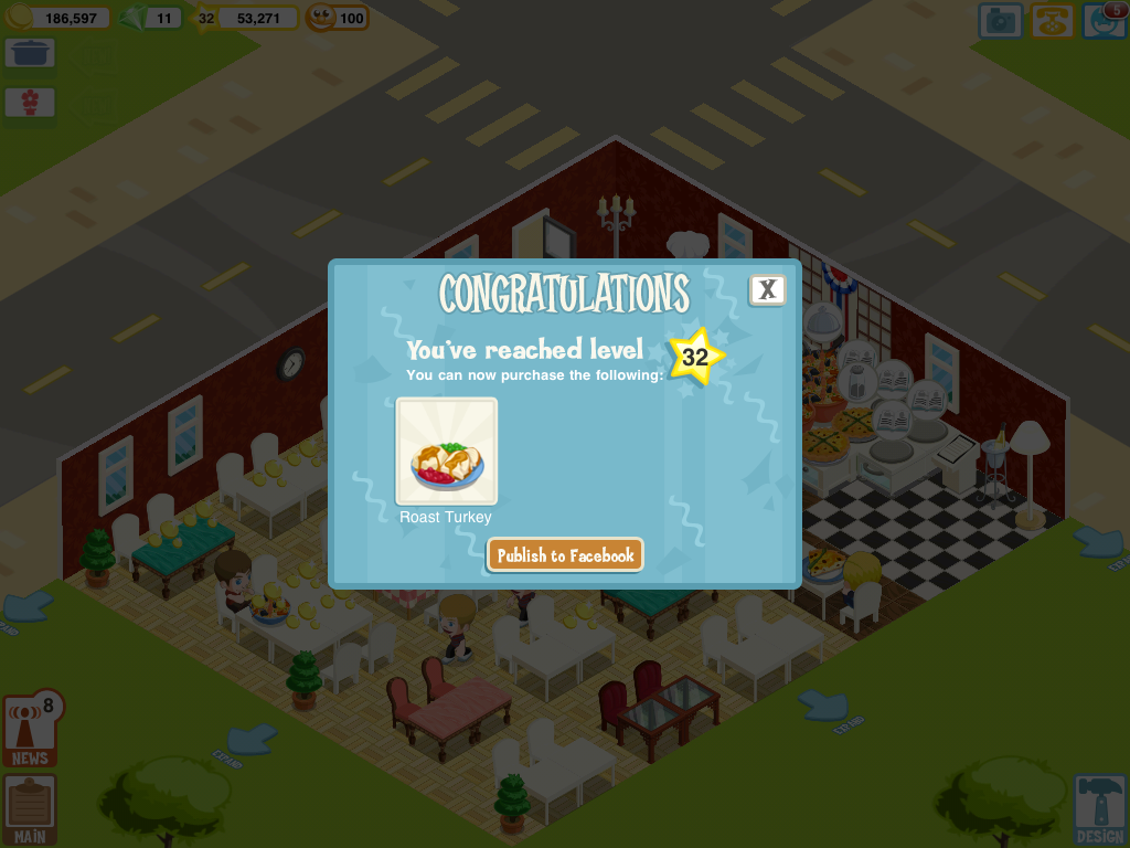 Restaurant Story (iPad) screenshot: I've reached level 32 and all I got was a roast turkey