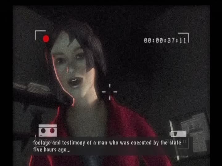 Manhunt (PlayStation 2) screenshot: Story is told through a semi-flashback. This reporter is blowing the whistle on the snuff ring.