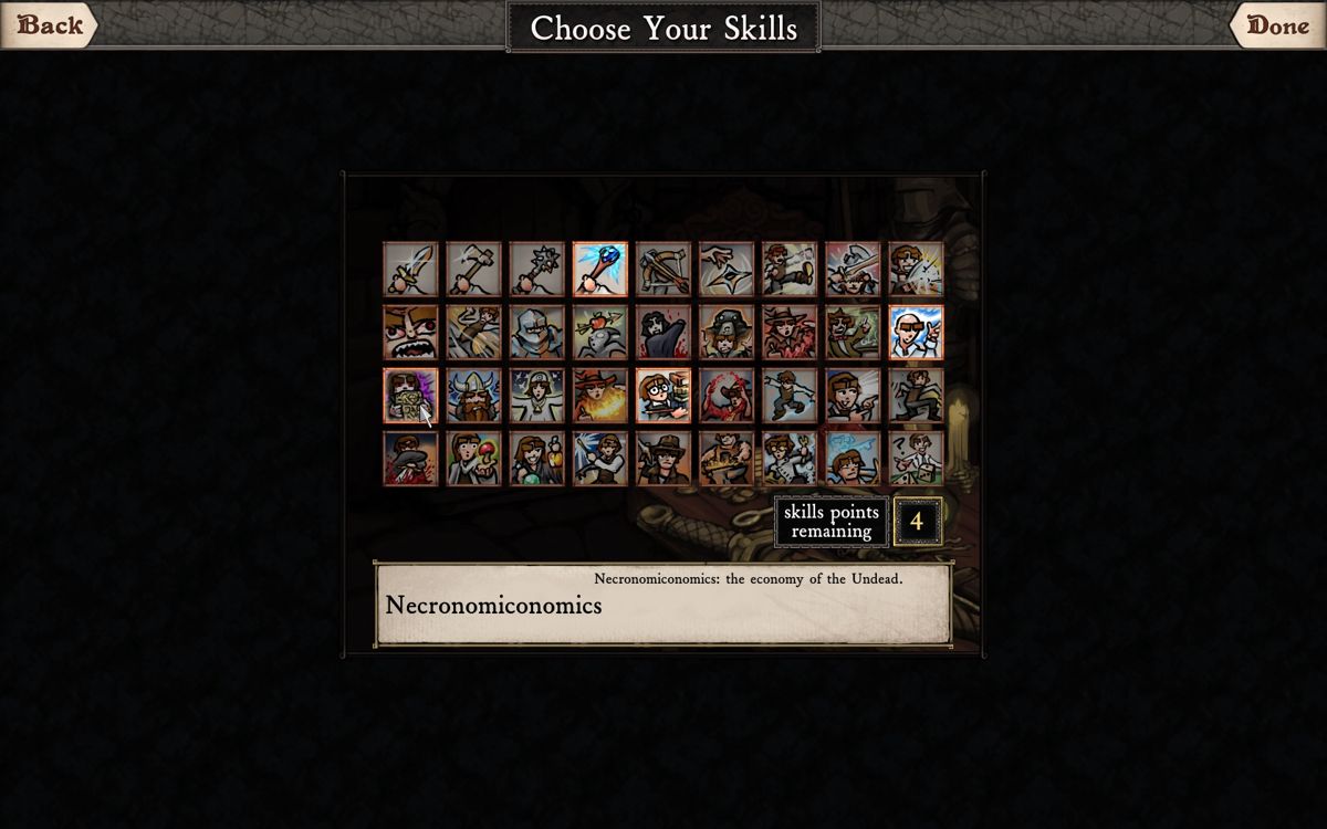 Dungeons of Dredmor (Windows) screenshot: Choose your 7 skills when starting a new game