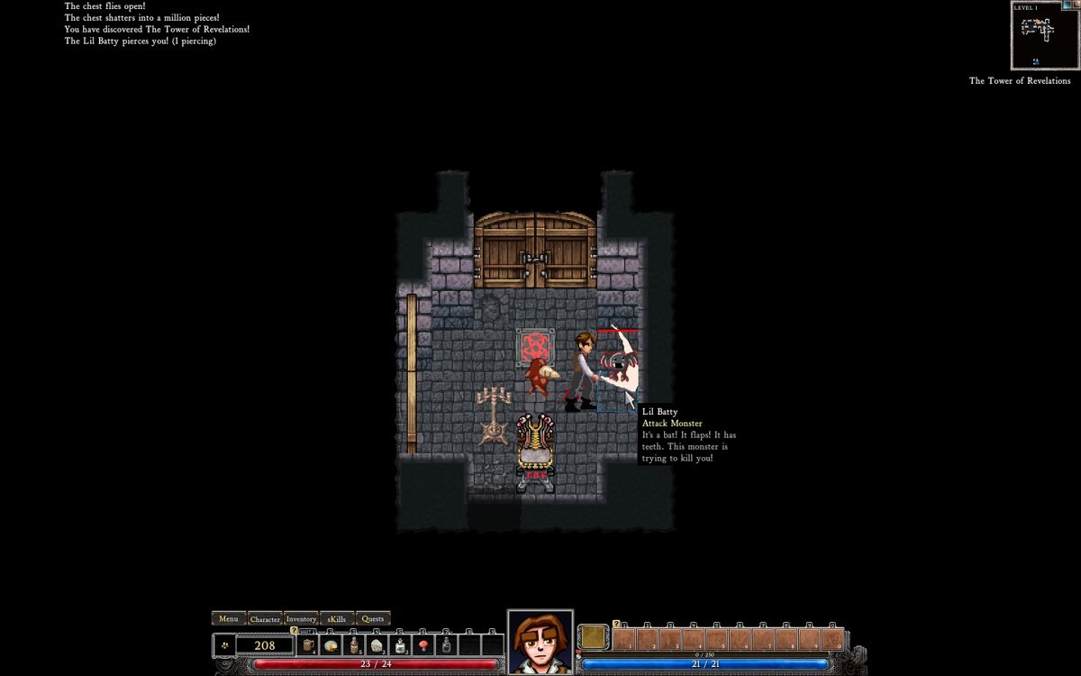 Dungeons of Dredmor (Windows) screenshot: Fighting a lil batty bat