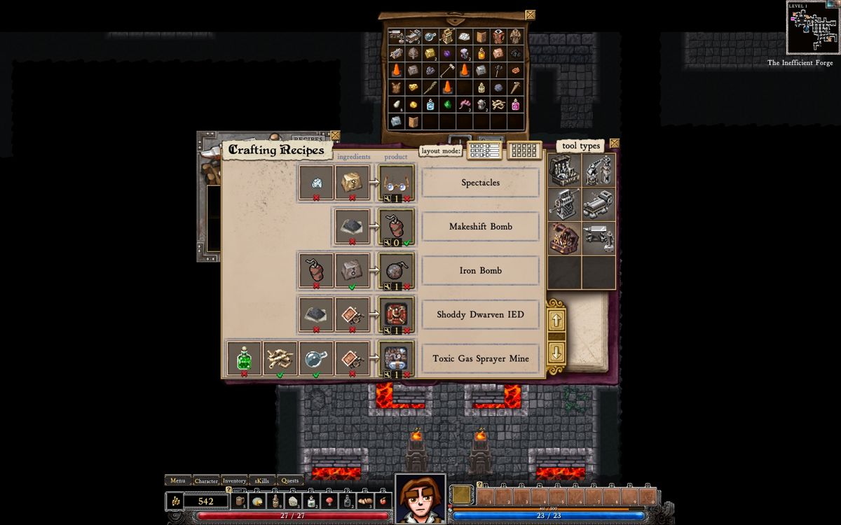 Dungeons of Dredmor (Windows) screenshot: And that's just recipes for the tinkerer