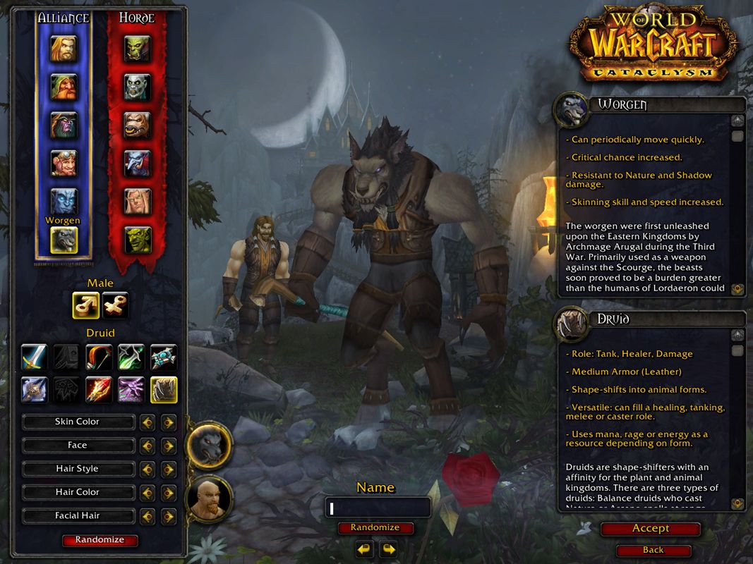 World of WarCraft: Cataclysm (Windows) screenshot: Creating a worgen character.