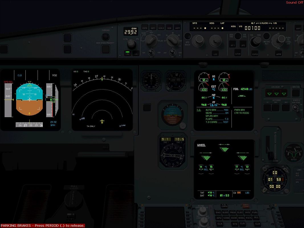 A320 Professional (Windows) screenshot: The main panel at night with no cabin illumination