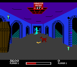 Chiller (NES) screenshot: Shot the arm off the guy behind the grate. Surely that dog won't...
