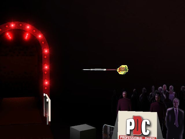 PDC World Championship Darts (Windows) screenshot: At the end of each leg of the match the game shows an action slow motion replay of the last dart as it leaves the players hand and flies to its target