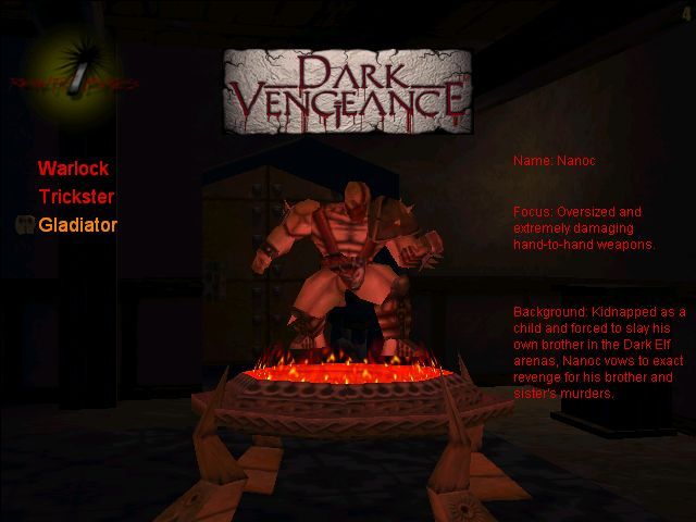 Dark Vengeance (Windows) screenshot: .. and finally this is 'The Gladiator'. All characters have their own weapons but the same action keys are used for each of them