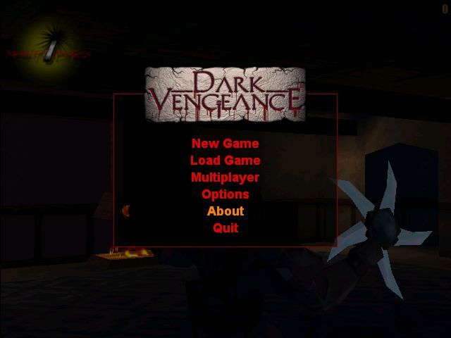 Dark Vengeance (Windows) screenshot: The main menu. The 'About' option brings up all the copyright information, system requirements and developer credits