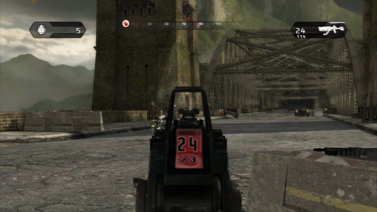 Haze (PlayStation 3) screenshot: Crossing the bridge under heavy enemy fire.