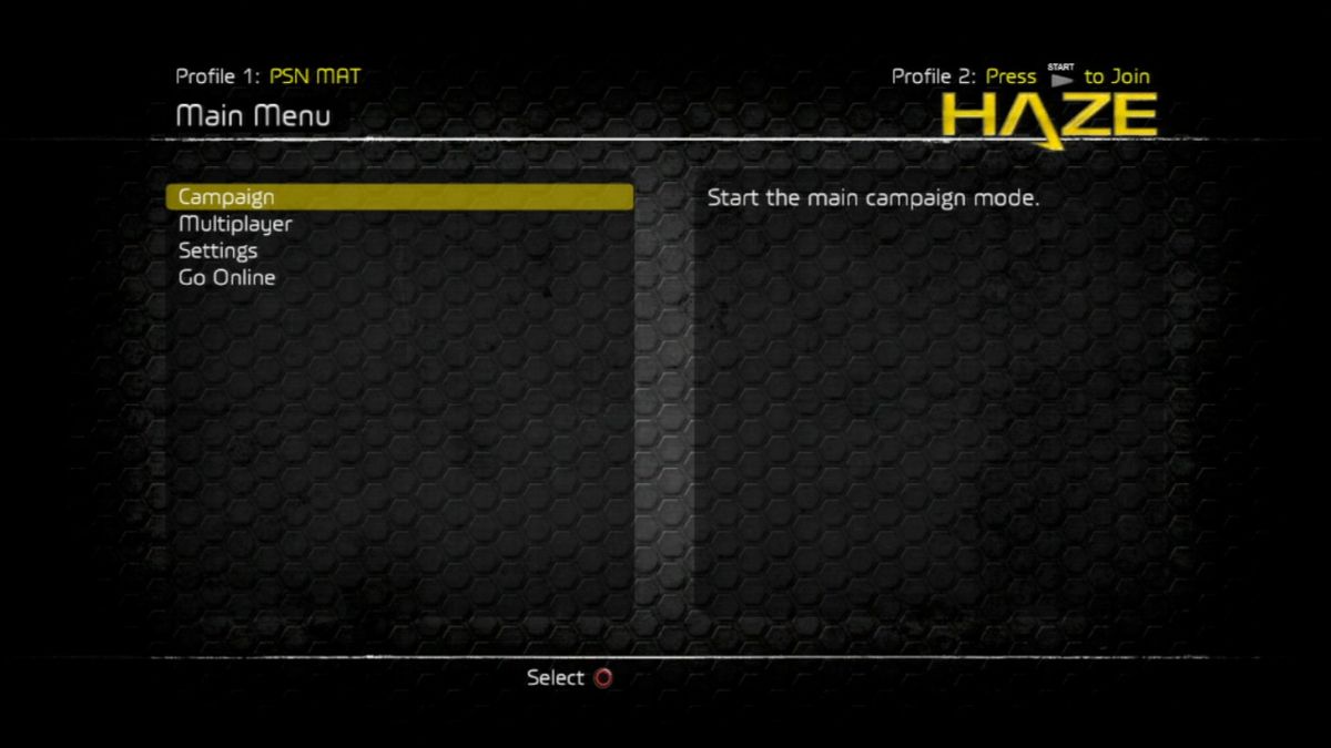 Haze (PlayStation 3) screenshot: Main menu.