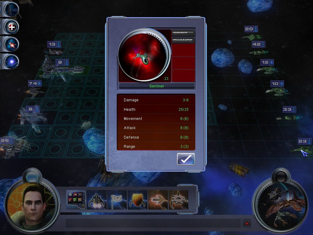 Spaceforce: Captains (Windows) screenshot: Turn based combat on a square grid. Right click on a ship for stats.